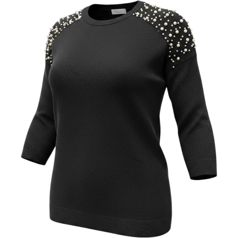Arula Black Pearl Embellished Shoulder Crew Neck 3/4 Sleeve Knit Sweater Size XL